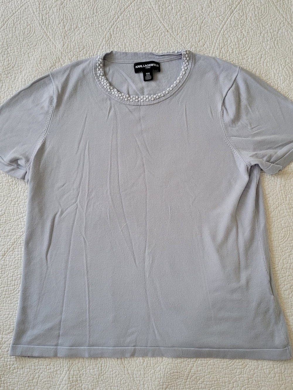Karl Lagerfeld Light Gray Short-Sleeve Tee with Beaded Neckline